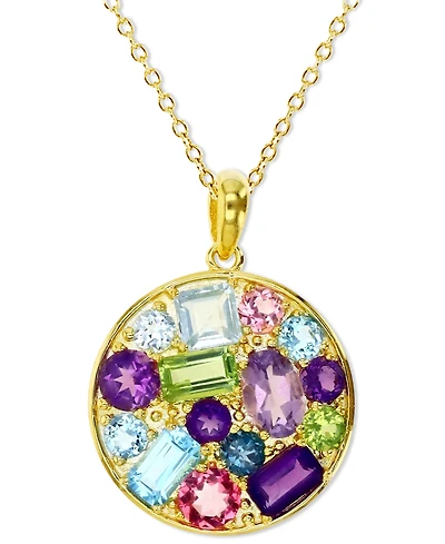 Multi-Gemstone Mixed Cut Cluster Disc 18" Pendant Necklace (3-3/8 ct. t.w.) in 14k Gold-Plated Sterling Silver