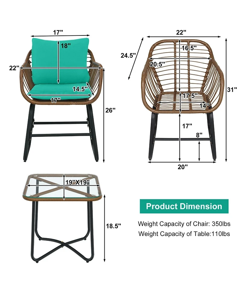 3 Pieces Patio Rattan Bistro Set with Cushions and Glass Table