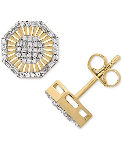 Men's Diamond Round & Baguette Hexagon Halo Cluster Stud Earrings (1/4 ct. t.w.) in 10k Gold
