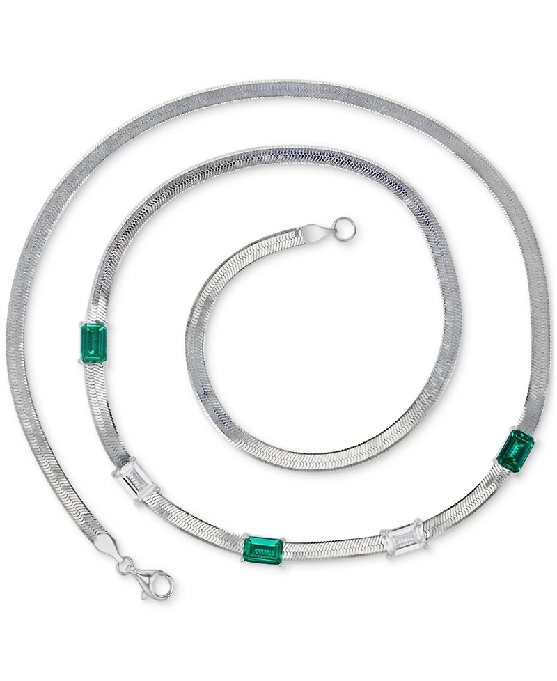 Lab-Grown Emerald (1-3/4 ct. t.w.) & White Sapphire (1-3/8 Herringbone 18" Collar Necklace Sterling Silver (Also B