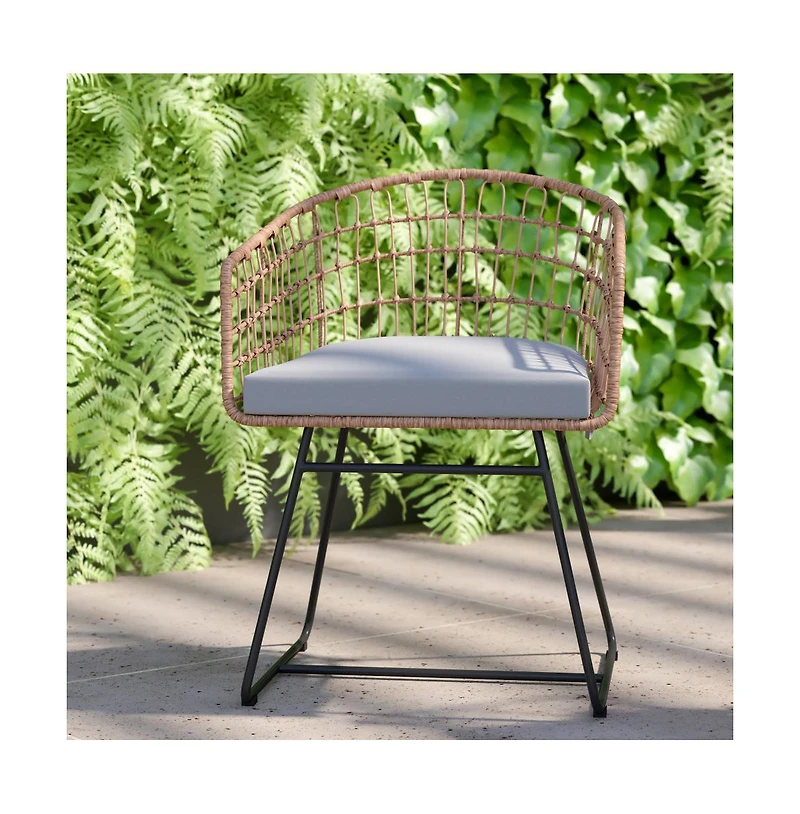 Ari Three Piece All-Weather Rattan Rope Patio Set With Acacia Wood Top Side Table And Two Chairs With Cushions