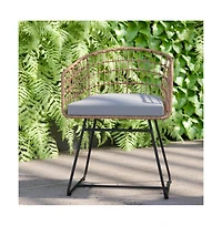 Ari Three Piece All-Weather Rattan Rope Patio Set With Acacia Wood Top Side Table And Two Chairs With Cushions