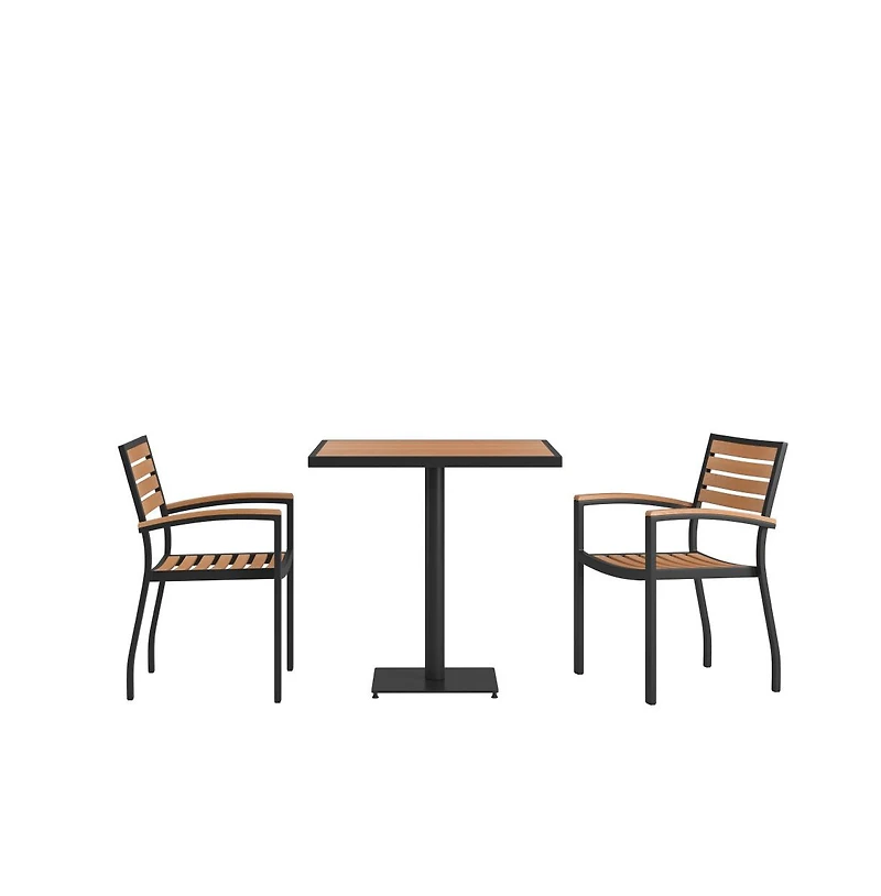 Alani Three Piece Faux Teak Patio Dining Set For Indoor And Outdoor Use - Square Table And Two Club Chairs With Arms