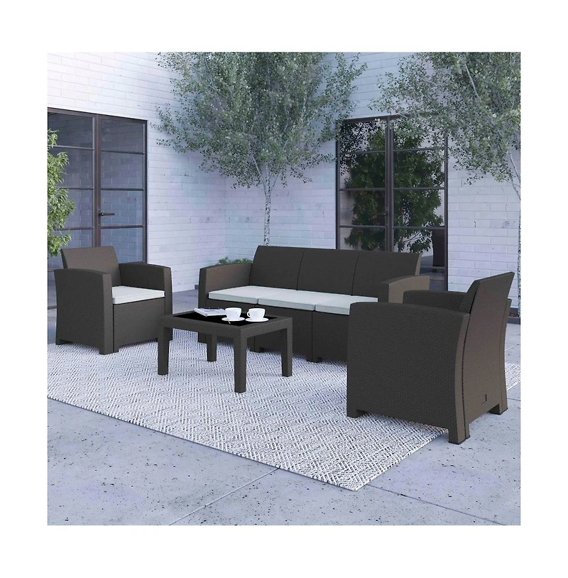Vivian 4 Piece Faux Rattan Patio Furniture Set With 2 Chairs And Sofa With Removable Beige Cushions And Table