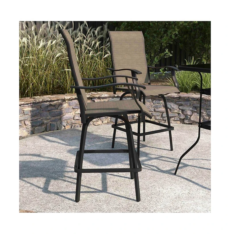 Merrick Lane Set Of 2 Brett High Back Bar Height Swivel Patio Stools With Powder Coated Metal Frames And Textilene Upholstery