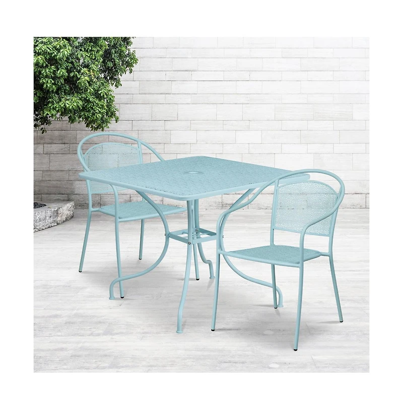 Commercial 35.5" Square Metal Garden Patio Table Set W/ 2 Round Back Chairs