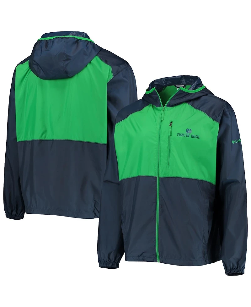 Men's Columbia Navy, Green Notre Dame Fighting Irish Flash Forward Hoodie Full-Zip Lightweight Windbreaker