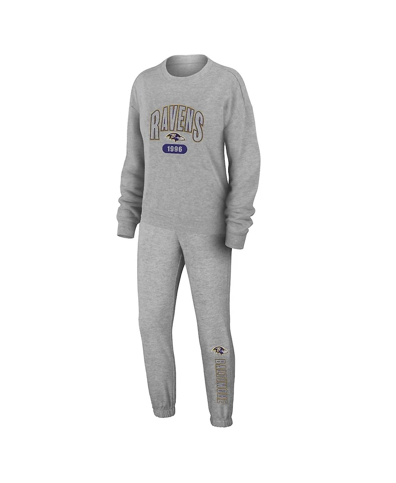 Women's Wear by Erin Andrews Heather Gray Baltimore Ravens Plus Size Knitted Tri-Blend Long Sleeve T-shirt and Pants Lounge Set