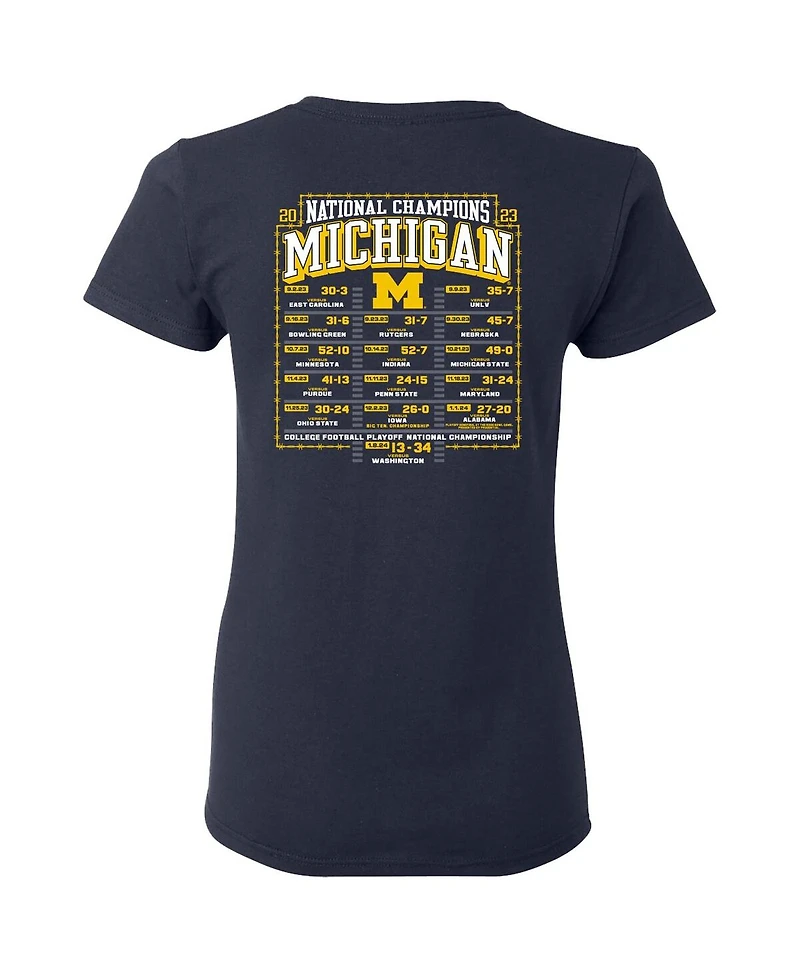 Women's Blue 84 Navy Michigan Wolverines College Football Playoff 2023 National Champions Gold Dust Schedule T-shirt