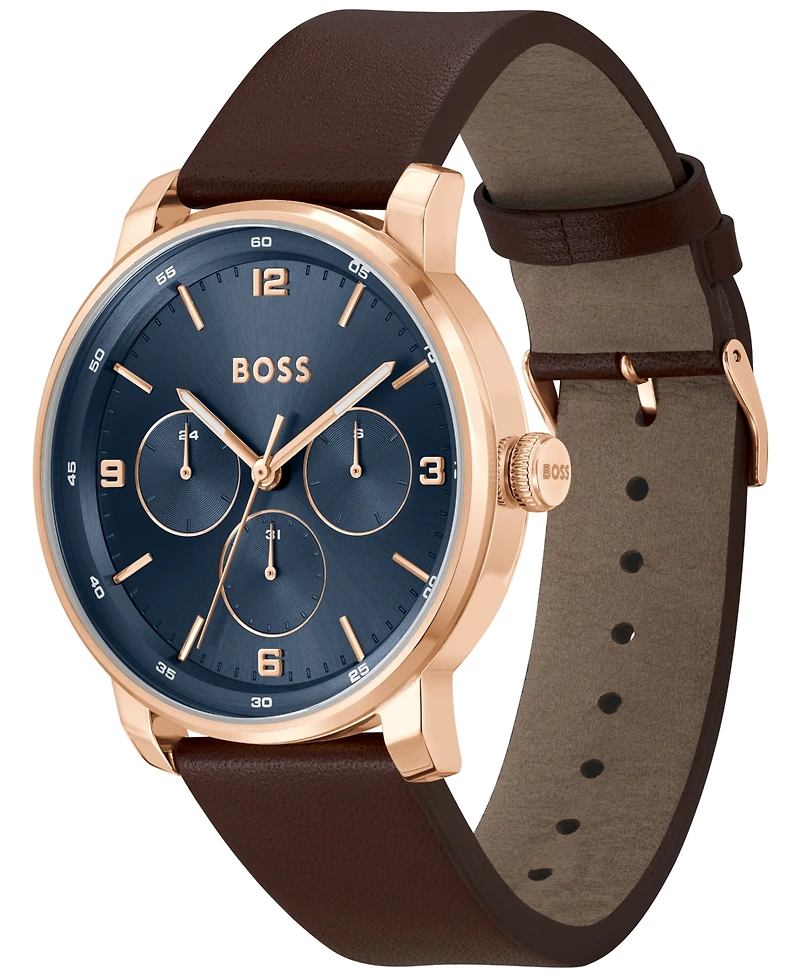 Hugo Boss Men's Contender Quartz Multifunction Brown Leather Watch 44mm
