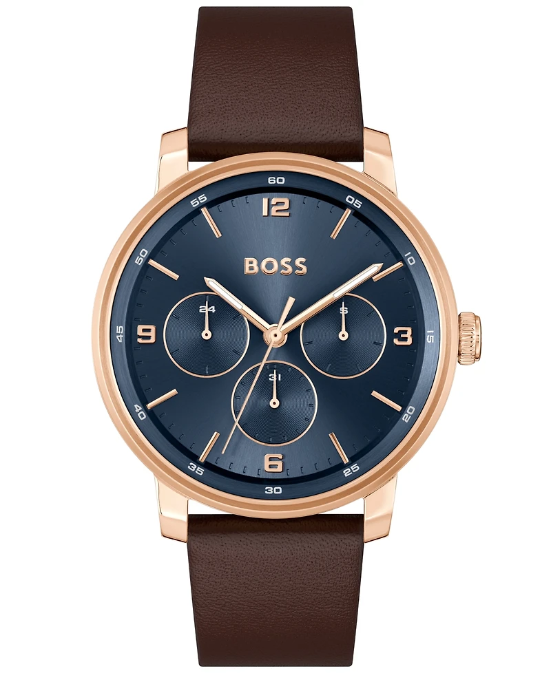 Hugo Boss Men's Contender Quartz Multifunction Brown Leather Watch 44mm