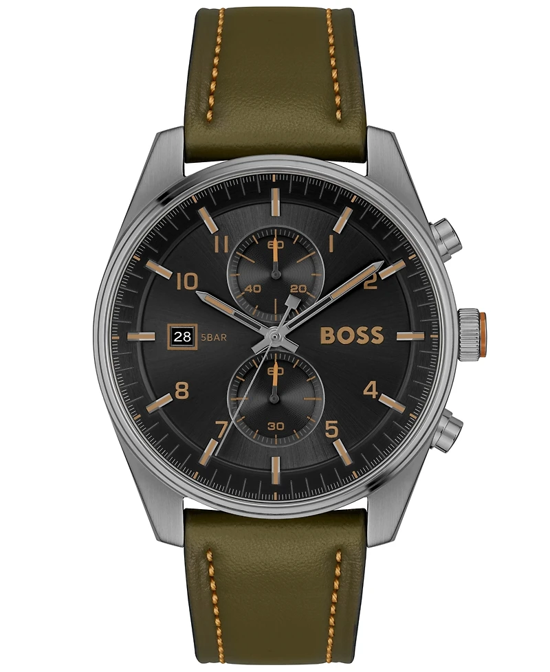 Hugo Boss Men's Skytraveller Quartz Fashion Chrono Green Leather Watch 44mm