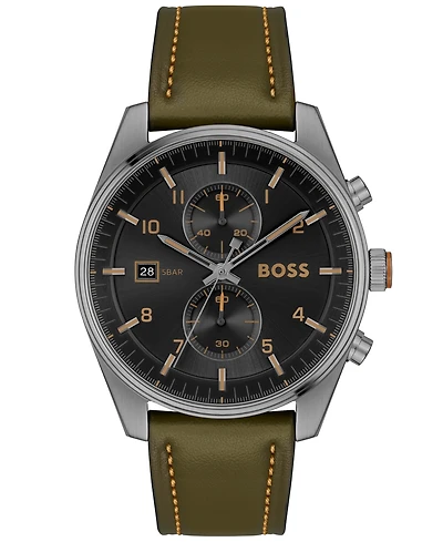 Hugo Boss Men's Skytraveller Quartz Fashion Chrono Green Leather Watch 44mm