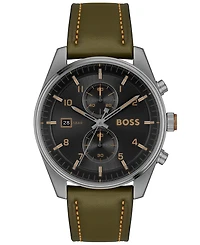 Hugo Boss Men's Skytraveller Quartz Fashion Chrono Green Leather Watch 44mm