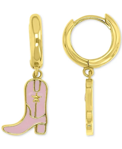 Pink Enamel Cowboy Boot Dangle Hoop Drop Earrings in 14k Gold-Plated Sterling Silver