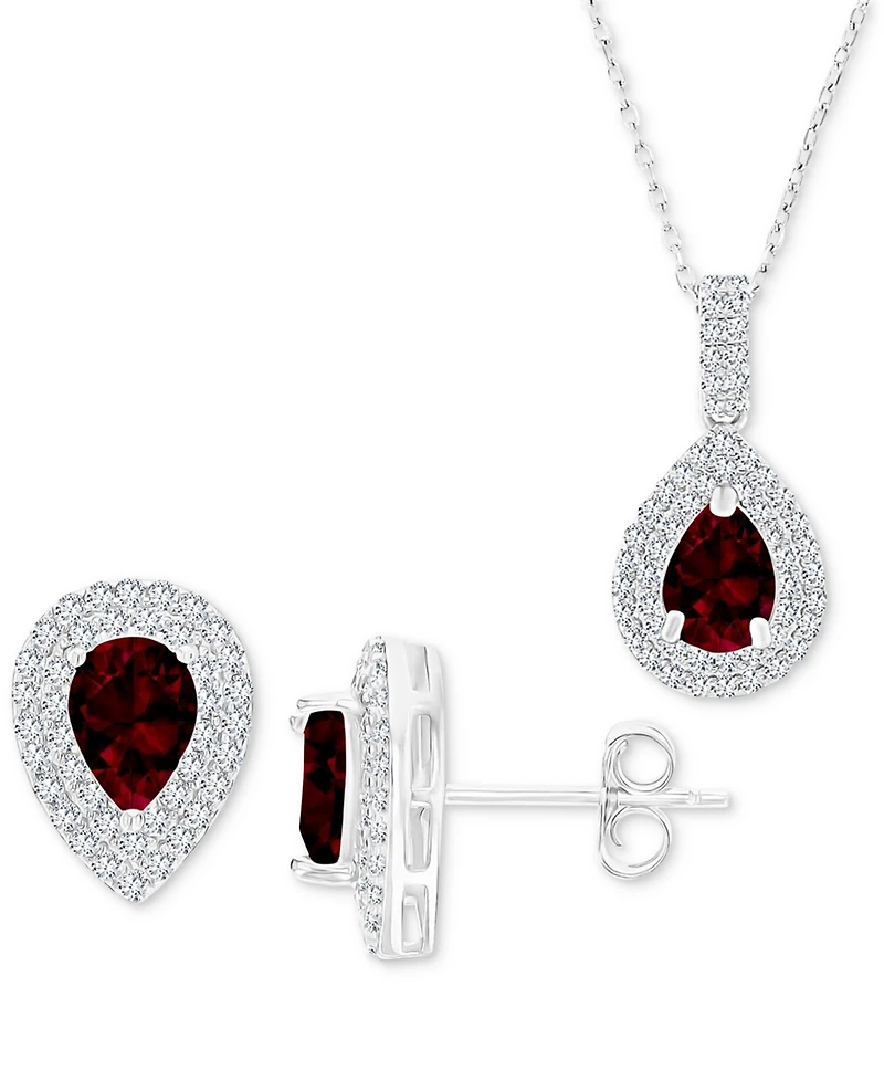 2-Pc. Set Garnet (3 ct. t.w.) & Lab-Grown White Sapphire (1 ct. t.w.) Teardrop Halo Pendant Necklace & Matching Stud Earrings in Sterling Silver