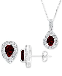 2-Pc. Set Garnet (3 ct. t.w.) & Lab-Grown White Sapphire (1 ct. t.w.) Teardrop Halo Pendant Necklace & Matching Stud Earrings in Sterling Silver