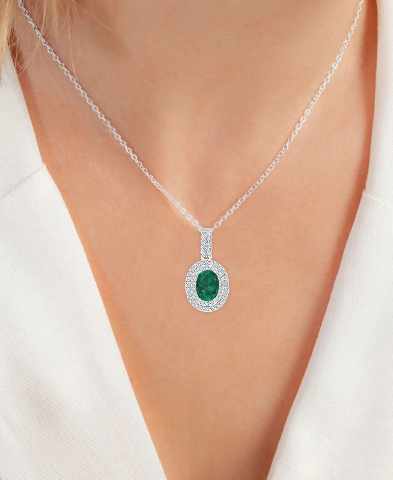 2-Pc. Set Lab-Grown Emerald (2-5/8 ct. t.w.) & Lab-Grown White Sapphire (1-1/10 ct. t.w.) Oval Halo Pendant Necklace & Matching Stud Earrings in Sterl