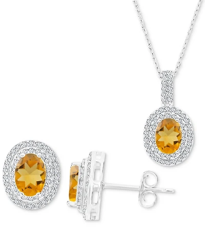 2-Pc. Set Citrine (2-3/8 ct. t.w.) & Lab-Grown White Sapphire (1-1/10 ct. t.w.) Oval Halo Pendant Necklace & Matching Stud Earrings in Sterling Silver