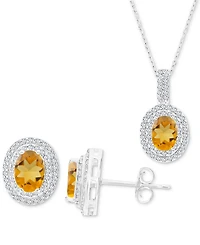 2-Pc. Set Citrine (2-3/8 ct. t.w.) & Lab-Grown White Sapphire (1-1/10 ct. t.w.) Oval Halo Pendant Necklace & Matching Stud Earrings in Sterling Silver