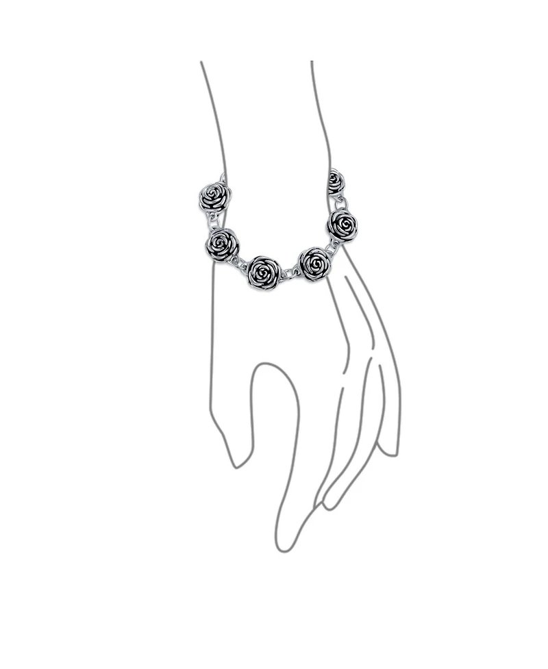 Bling Jewelry Finish Large Statement 3D Garden Flower Black Rose Bracelet Oxidized Sterling Silver 7.5 Inch