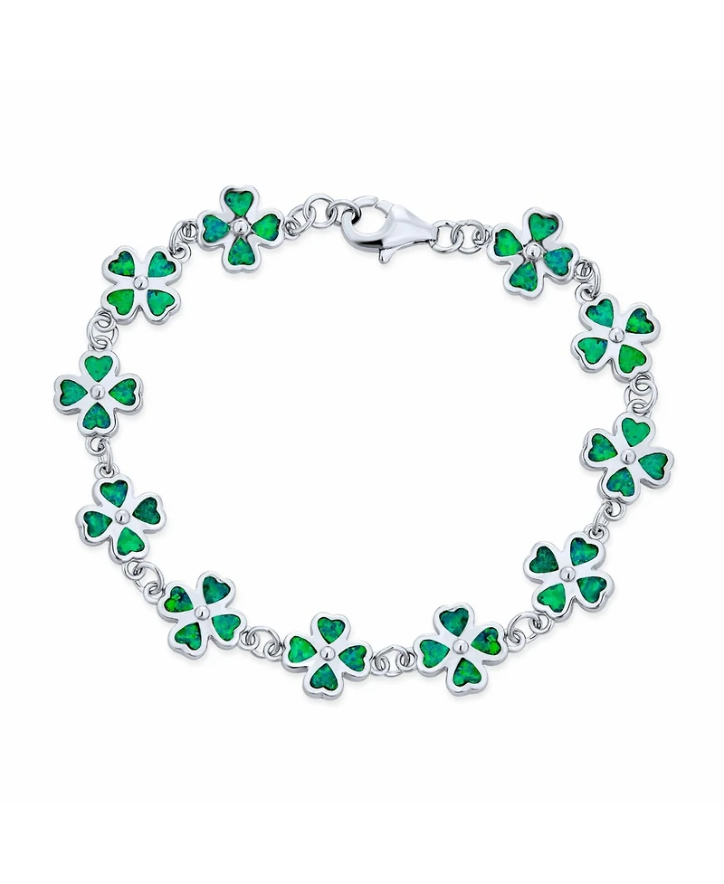 Bling Jewelry Created Synthetic Opal Inlay Green Shamrock Irish Lucky Clover Leaf Heart Shaped Link Charm Bracelet Sterling Silver