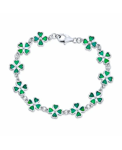 Bling Jewelry Created Synthetic Opal Inlay Green Shamrock Irish Lucky Clover Leaf Heart Shaped Link Charm Bracelet Sterling Silver