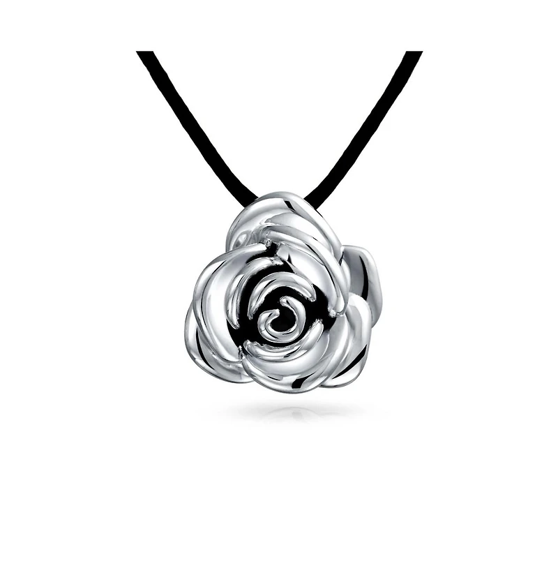 Bling Jewelry Large Flower Rose Pendant Necklace Black Silk Cord Hollow Oxidized Sterling Silver16 Inch