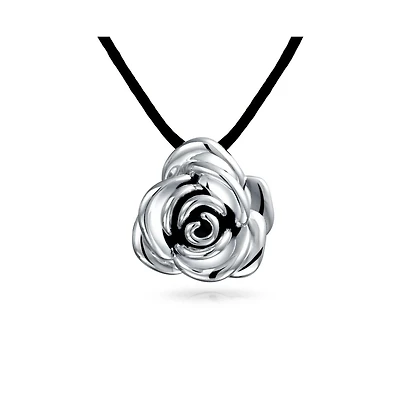 Bling Jewelry Large Flower Rose Pendant Necklace Black Silk Cord Hollow Oxidized Sterling Silver16 Inch