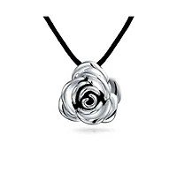 Bling Jewelry Large Flower Rose Pendant Necklace Black Silk Cord Hollow Oxidized Sterling Silver16 Inch
