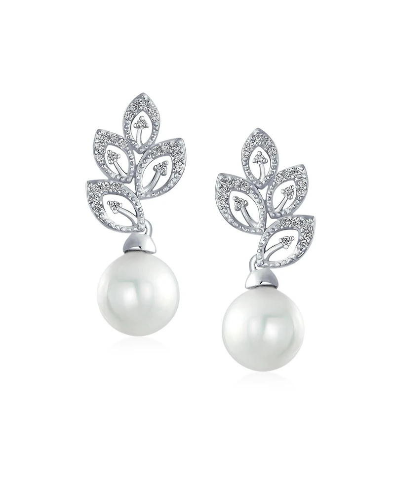 Bling Jewelry Statement Pave Cz Cubic Zirconia Leaf White Simulated Pearl Drop Earrings Silver Plated