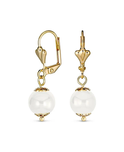 Bling Jewelry Classic Elegant Simple Round Natural Stone Dangle Lever Back Drop Ball Earrings Polished Yellow Gold Plated Brass 8MM