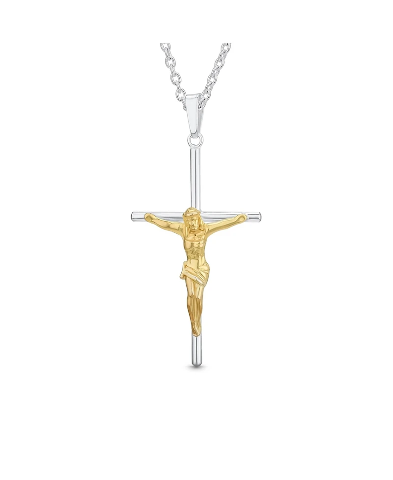 Bling Jewelry Simple Christian Catholic Religious Jewelry Medium Jesus Crucifix Cross Necklace Pendant 2 Tone Gold Plated Sterling Silver