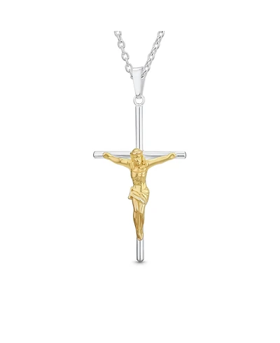 Bling Jewelry Simple Christian Catholic Religious Jewelry Medium Jesus Crucifix Cross Necklace Pendant 2 Tone Gold Plated Sterling Silver