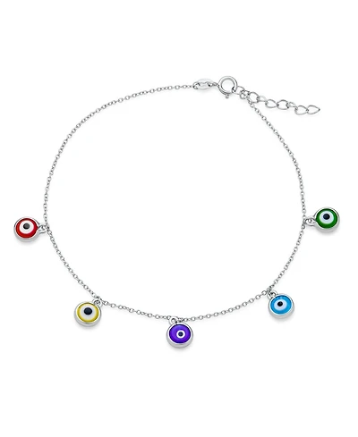 Bling Jewelry Protection Amulet Minimalist Delicate Dangling Multi Color Evil Eye Anklet Ankle Bracelet Sterling Silver -9-10 Inch Adjustable