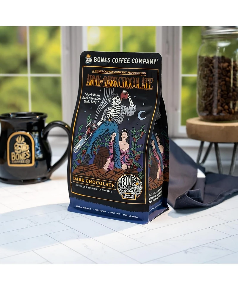 Bones Coffee Ground Coffee | 12 oz Medium Roast Arabica Low Acid Flavored Coffee | Dark Chocolate Flavor Company