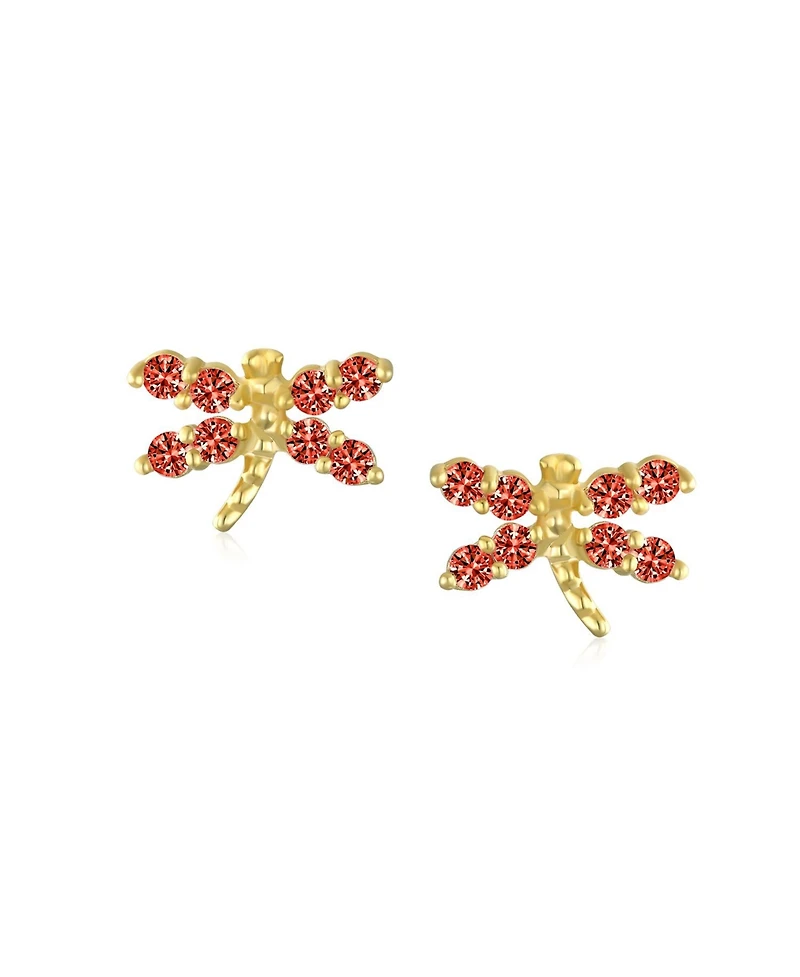 Bling Jewelry Cz Tiny Cubic Zirconia Red Cz Dragonfly Firefly Butterfly Stud Earrings 14K Yellow Gold Screw back