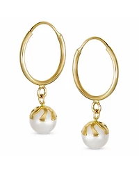 Bling Jewelry Petite Tiny10K Yellow Gold White 4.5 Mm Round Freshwater Cultured Pearl Drop Ball Dangle Hoop Earring