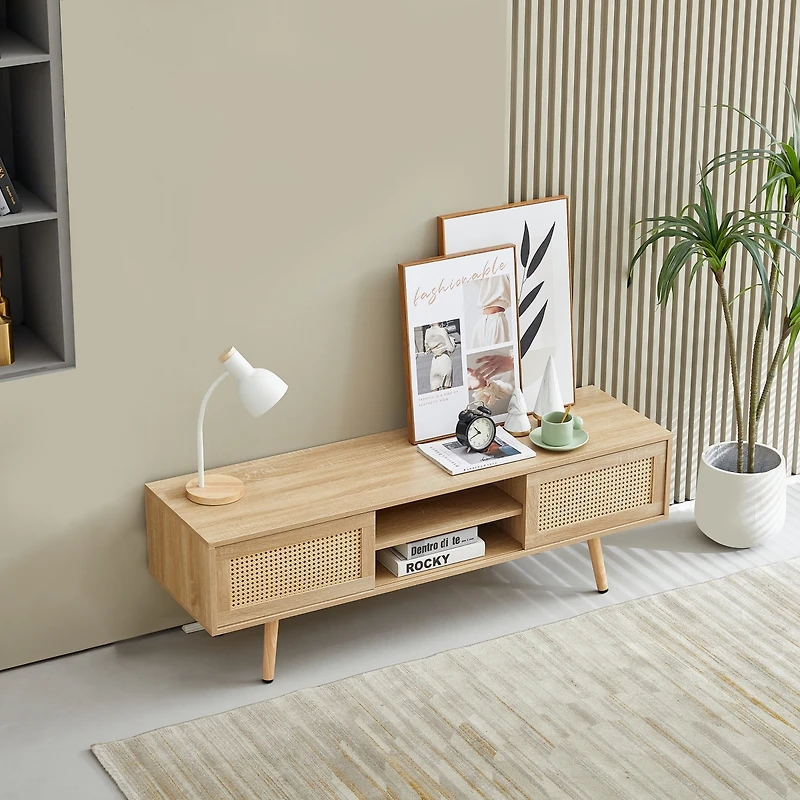 Streamdale Natural Rattan Tv Cabinet with Sliding Doors