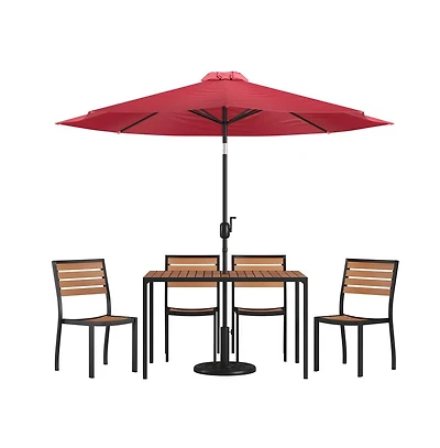 Calle 7 Piece Outdoor Faux Teak Poly Slat Outdoor Furniture Set - Table, 4 Chairs And Patio Umbrella And Base