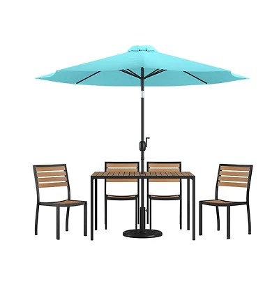 Calle 7 Piece Outdoor Faux Teak Poly Slat Outdoor Furniture Set - Table, 4 Chairs And Patio Umbrella And Base