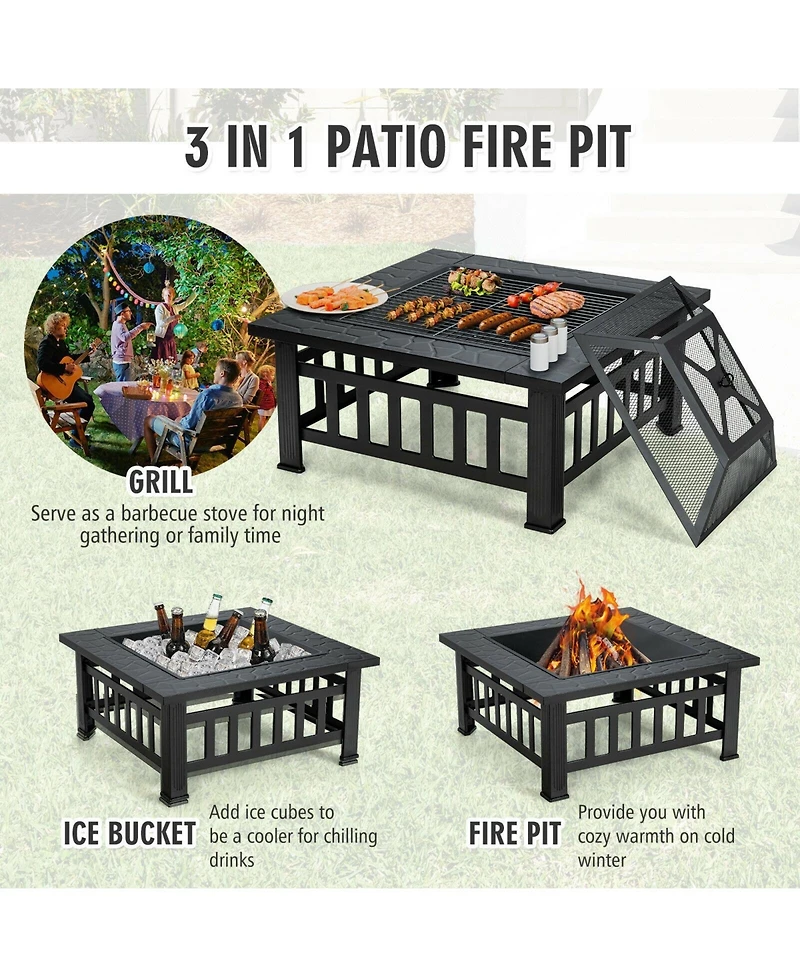 32 Inch 3 in 1 Outdoor Square Fire Pit Table with Bbq Grill and Rain Cover for Camping