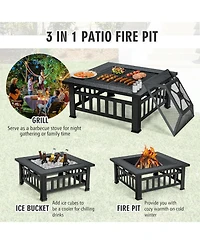32 Inch 3 in 1 Outdoor Square Fire Pit Table with Bbq Grill and Rain Cover for Camping