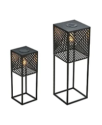 Glitzhome 23.75" H, 17.75" H Set of 2 Metal Stripes Geometric Solar Powered Edison Bulb Outdoor Floor Lantern or Planter Stands