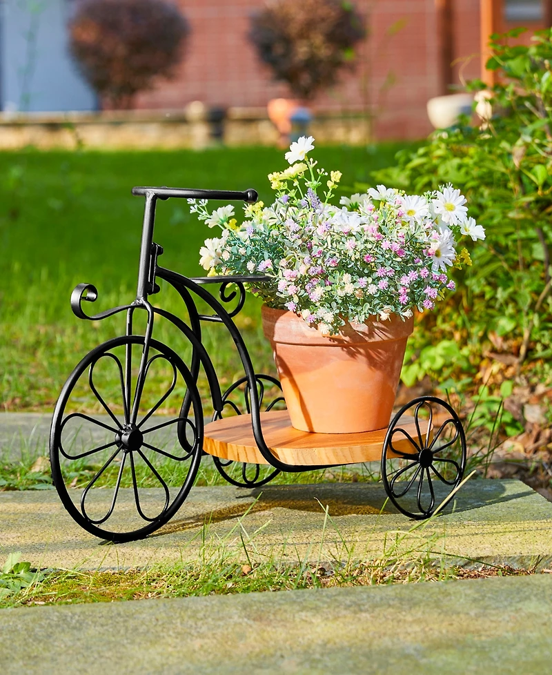 Glitzhome 18" L Metal Tricycle Planter Stand with Natural Solid Wood Tray