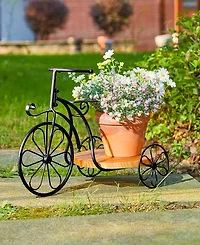 Glitzhome 18" L Metal Tricycle Planter Stand with Natural Solid Wood Tray