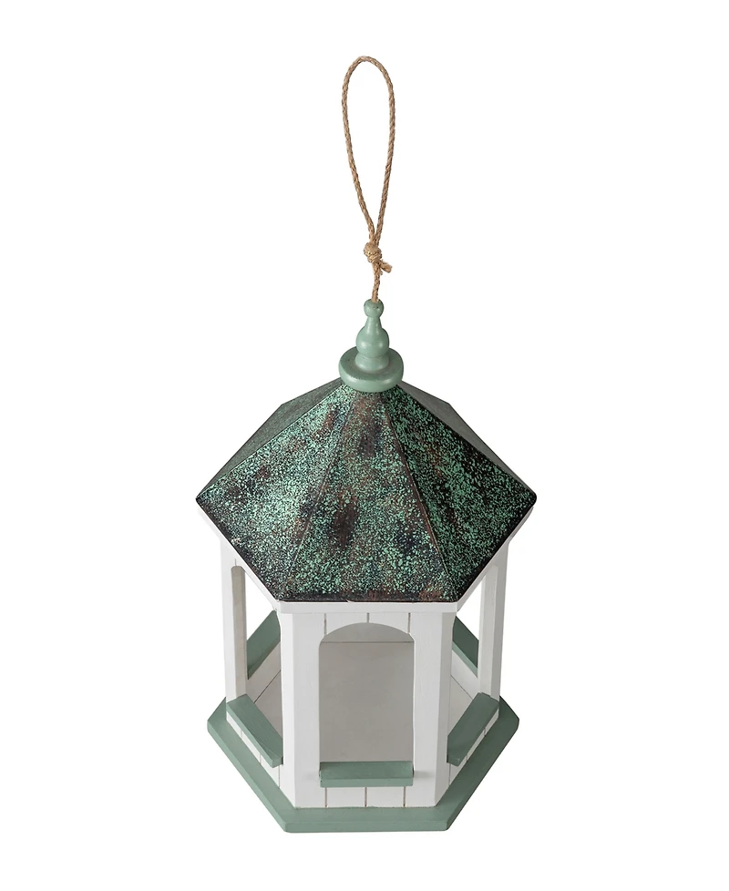 Glitzhome 15.75" H Patina Metal Roof Solid Wood Gazebo Tray Bird Feeder