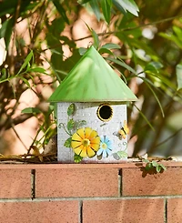 Glitzhome 11" H Stylish Distressed Metal Cottage Decorative Birdhouse with a Cluster of 3D Flowers and Butterfly