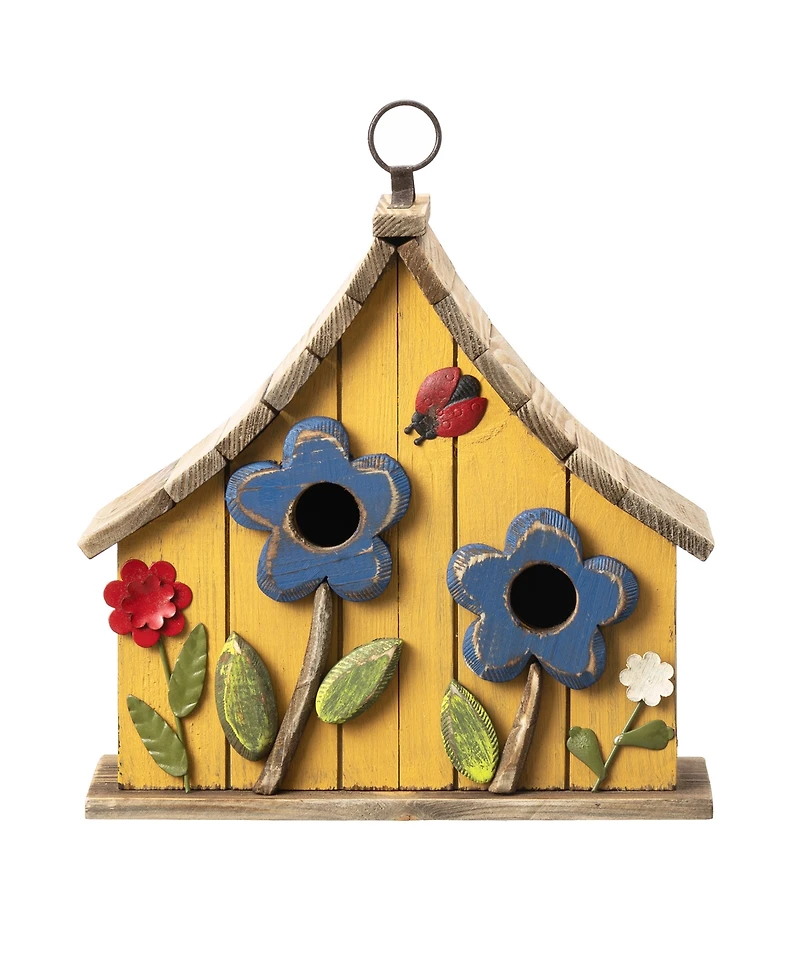 Glitzhome 10.5" H Washed Distressed Solid Wood Two-Story Townhouse Garden Birdhouse with 3D Flowers