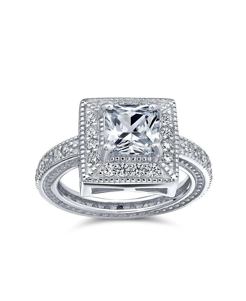 Bling Jewelry 2CT Art Deco Style Cubic Zirconia Milgrain Princess Cut Square Halo Cz Promise Ring With Eternity Band Sterling Silver